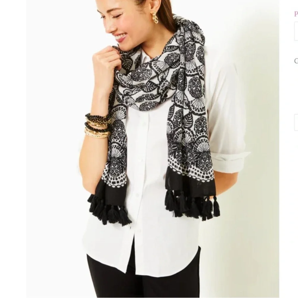 Lilly Pulitzer Black and White Patterned Scarf with Tassels